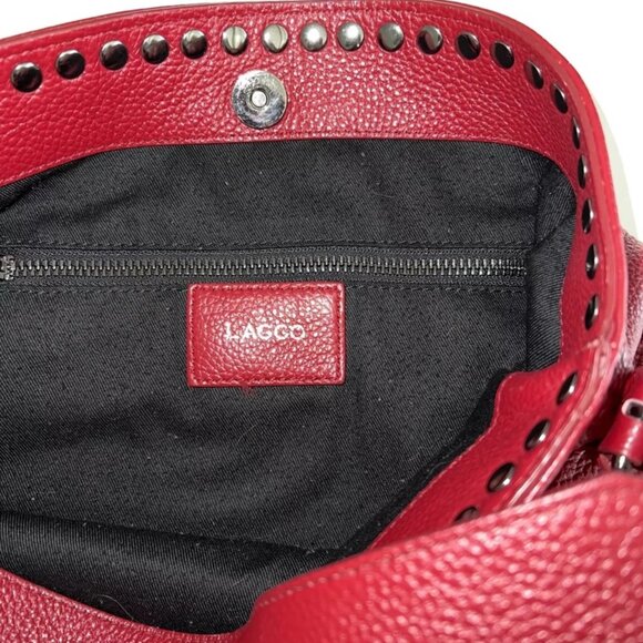 Laggo Reed Hobo Bucket Bag Slouchy Tote Red Pebbled Leather Gunmetal Studs EUC - Picture 8 of 8